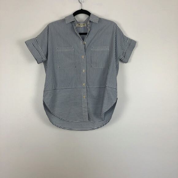 Madewell play courier blue white striped short sleeve button down boxy shirt XXS - Picture 4 of 7
